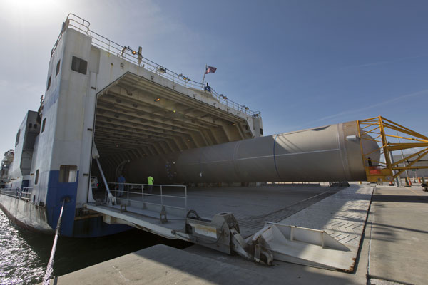 EGOES-S Atlas V booster offloaded from the Mariner transport ship