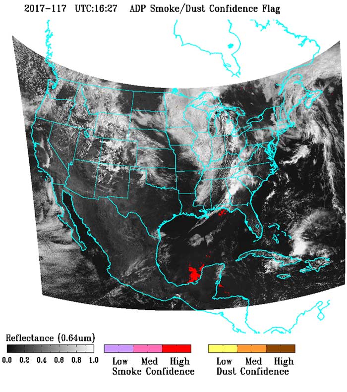 MODIS visible color composite image (left) of a British Columbia, Canada fire event on 19 August 2003 and the resulting smoke flag product generated by the GOES-R Aerosol Detection algorithm (right).